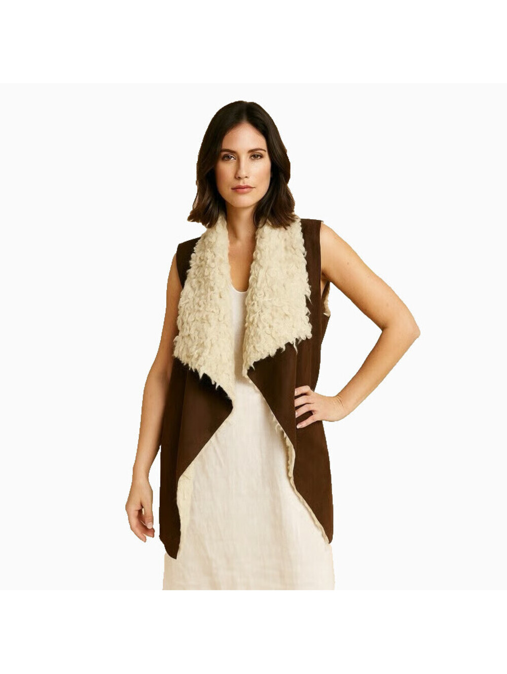 Aeropostale Women's L Faux Suede Sherpa Lining Brown Vest Draped Open Front